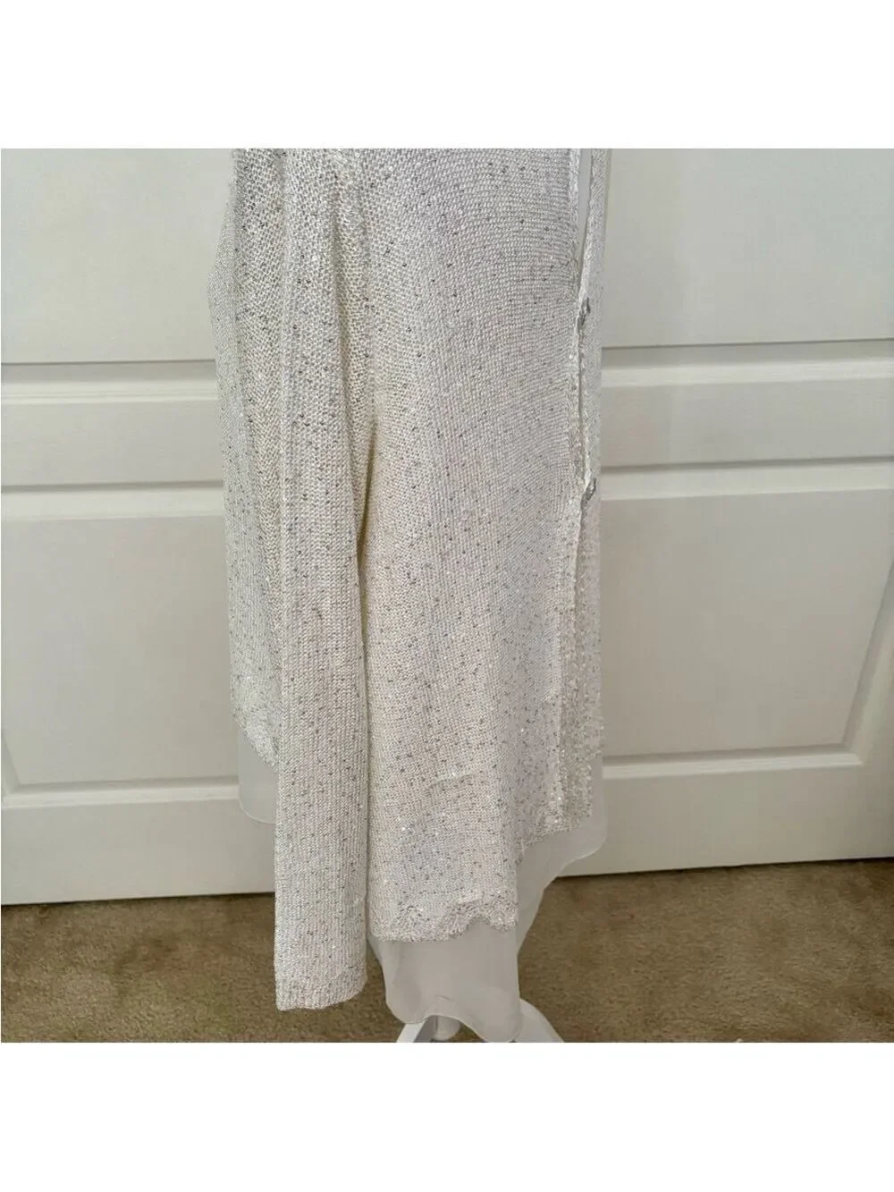 Sioni Winter White Sparkle Sweater XL – Hi-Lo Hem, Chiffon Lining, Rhinestone